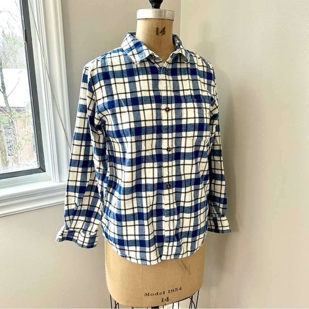 Hanna Andersson Women’s 100% Cotton Flannel Blue and Cream Button Down Sz M EUC - Picture 6 of 13